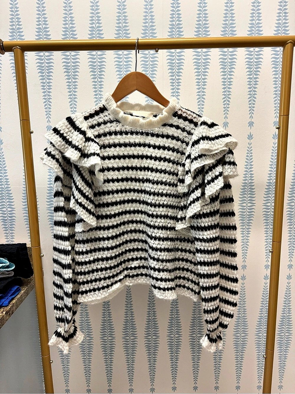 Ulla Johnson Stripes Ruffled Knitted Sweater White & Black Size P